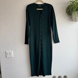 VTG Carole Little Green Ribbed Knit Mid Cardigan Dress Wool Blend Button Front L